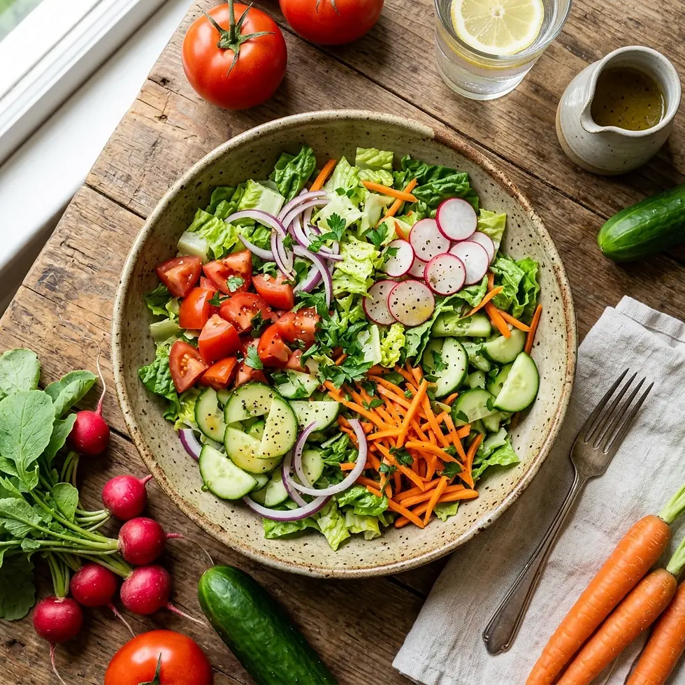 Food photography of a fresh and colorful salad in a rustic setting. The vibrant ingredients are arranged appealingly on a wooden table.