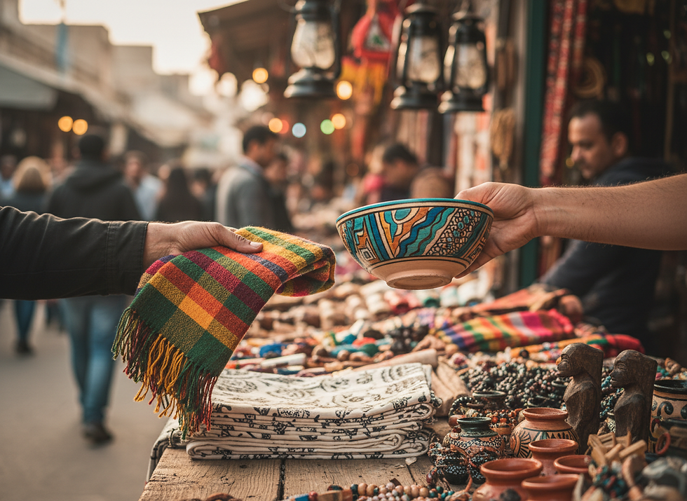 Hands exchanging colorful handcrafted goods at a vibrant local market
