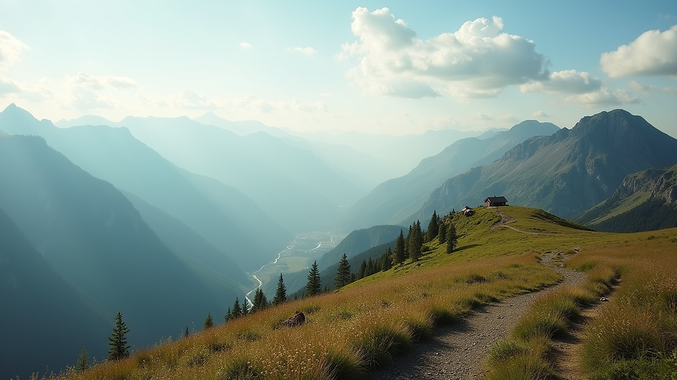 Wide angle view of a serene mountain landscape