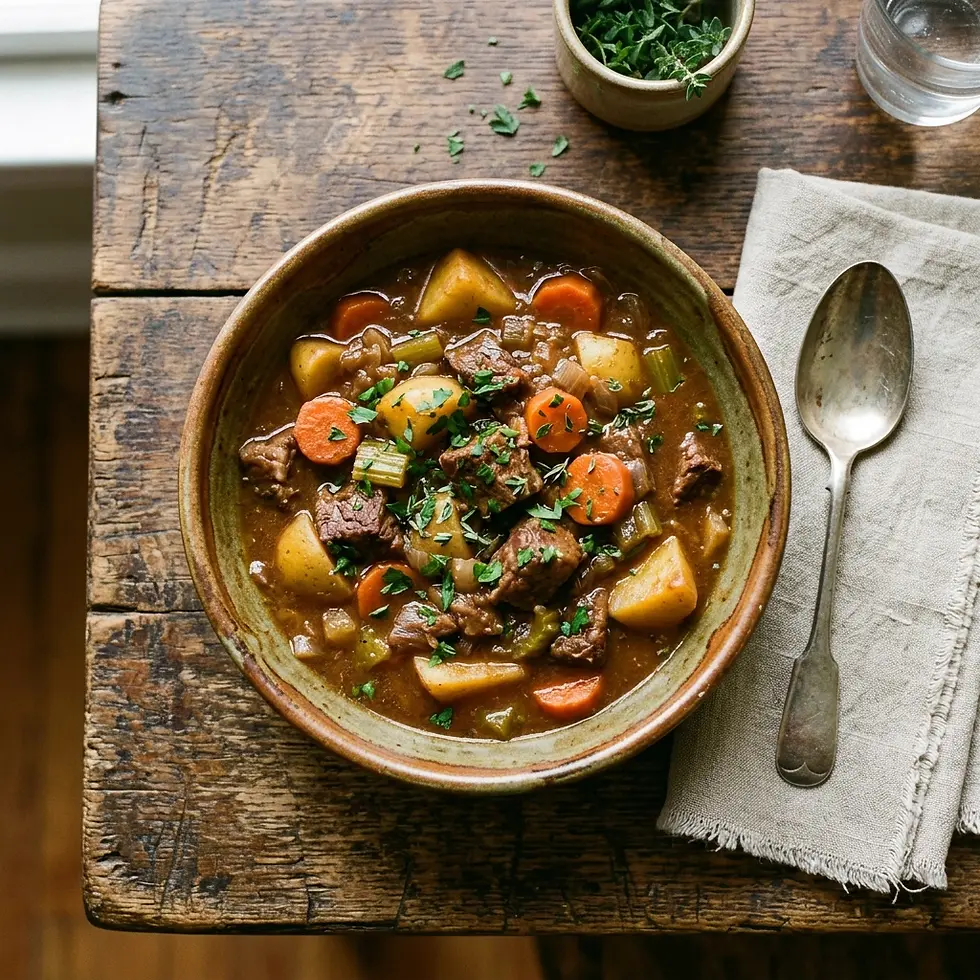 Food photography of a hearty beef stew in a rustic bowl. Tender beef, potatoes, carrots, and celery are in a rich broth, garnished with parsley, suggesting a comforting, homemade meal.