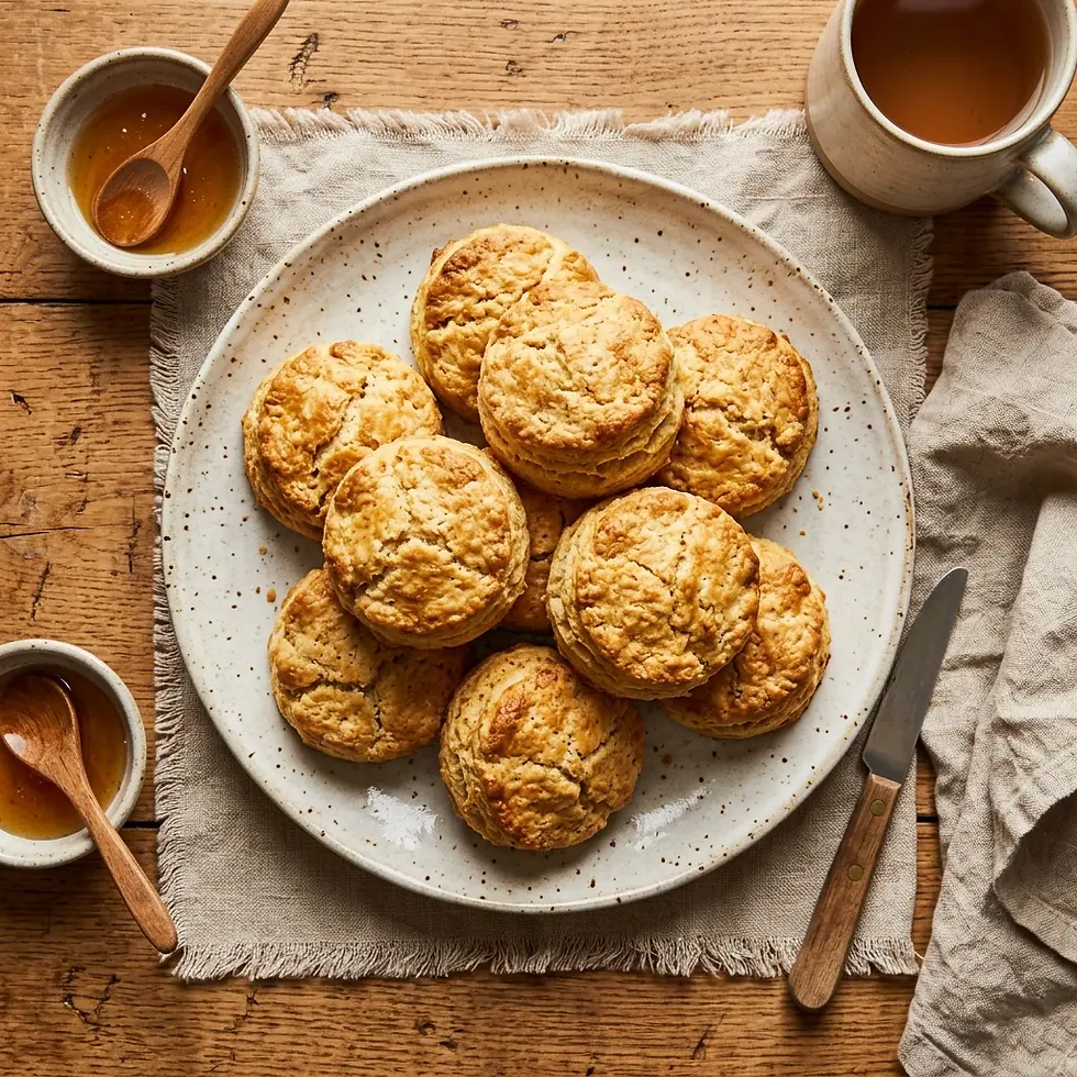 Food photography of a pile of golden biscuits on a plate, served with honey and tea. The scene is set on a rustic wooden surface with warm, inviting lighting.