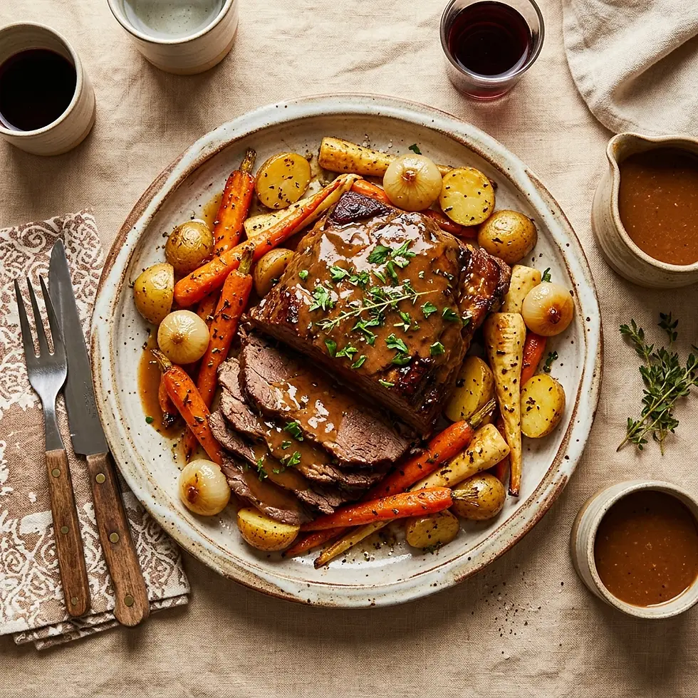 Food photography of a hearty roast beef dinner served with roasted root vegetables and gravy, suggesting a warm, comforting meal.
