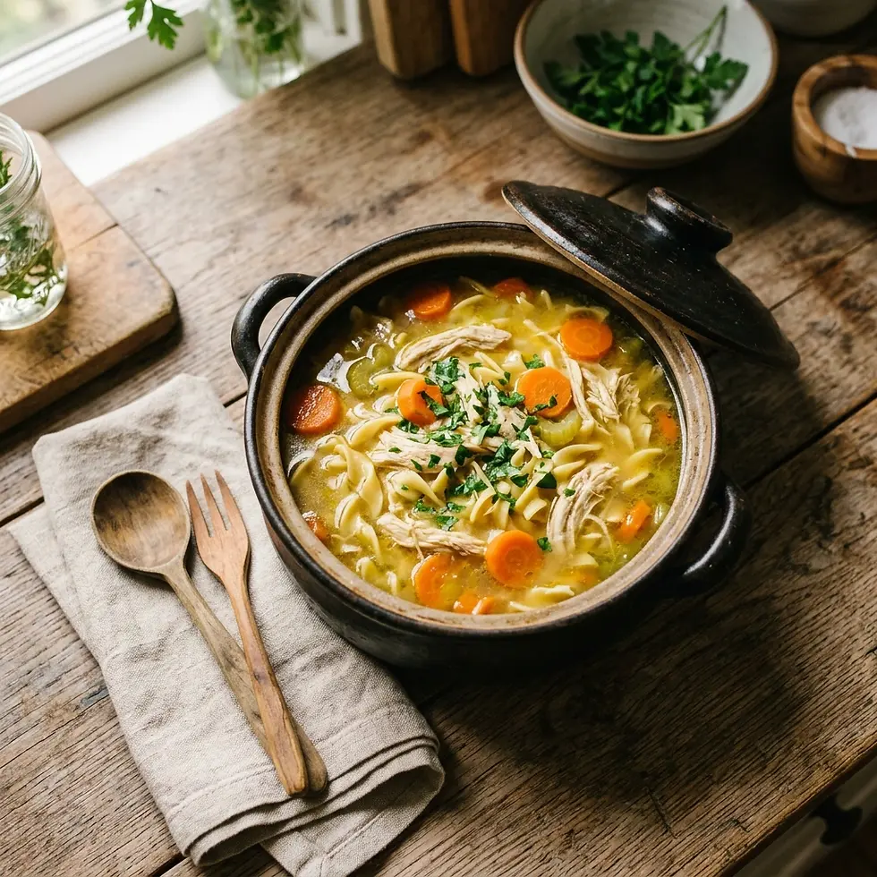 Food photography shows a steaming pot of chicken noodle soup on a rustic wooden table, evoking a sense of comfort and homeliness.