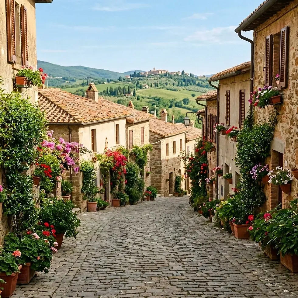 Outdoor photography of a picturesque cobblestone street in a sun-drenched European village. Stone houses overflowing with vibrant flowers lead towards rolling green hills.