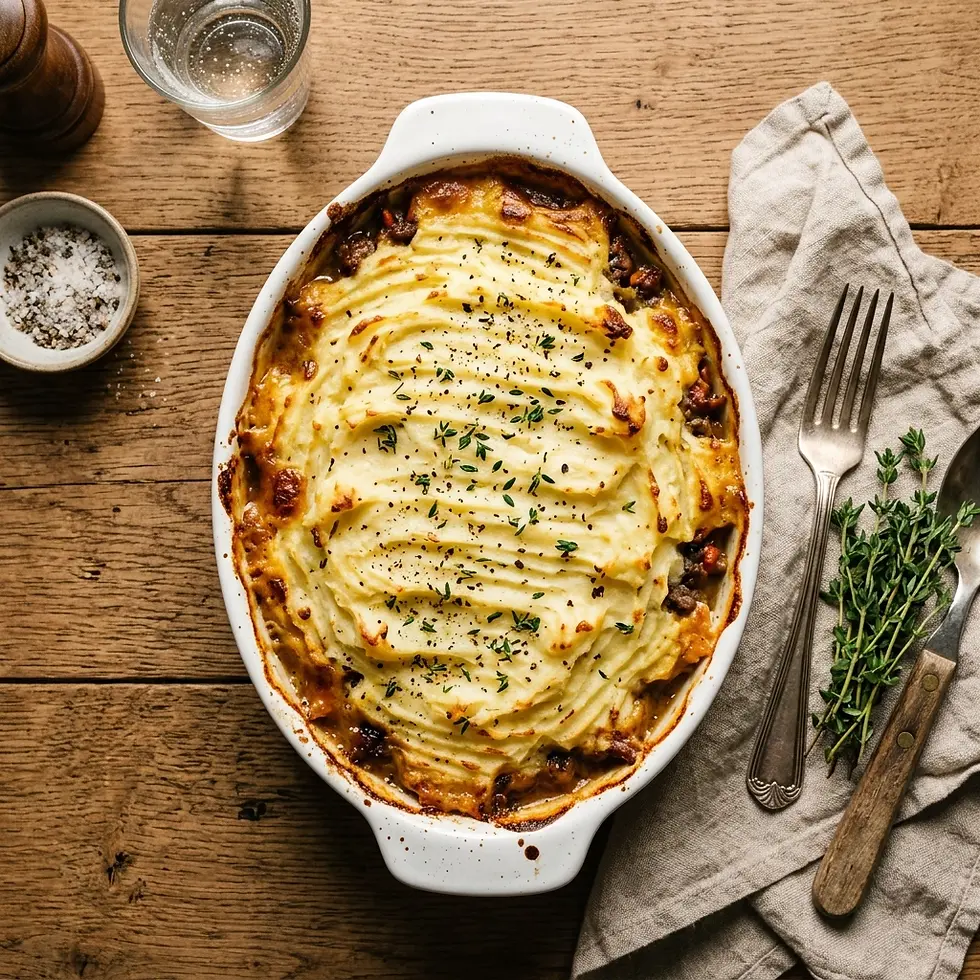 Food photography of a freshly baked shepherd's pie in a white dish. Topped with golden mashed potatoes and garnished with herbs, it sits on a rustic wooden table.