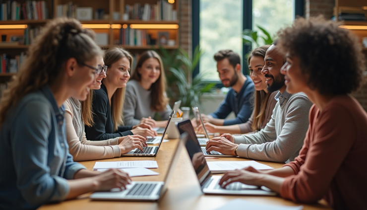 Eye-level view of a diverse group gathered around a table with books and laptops