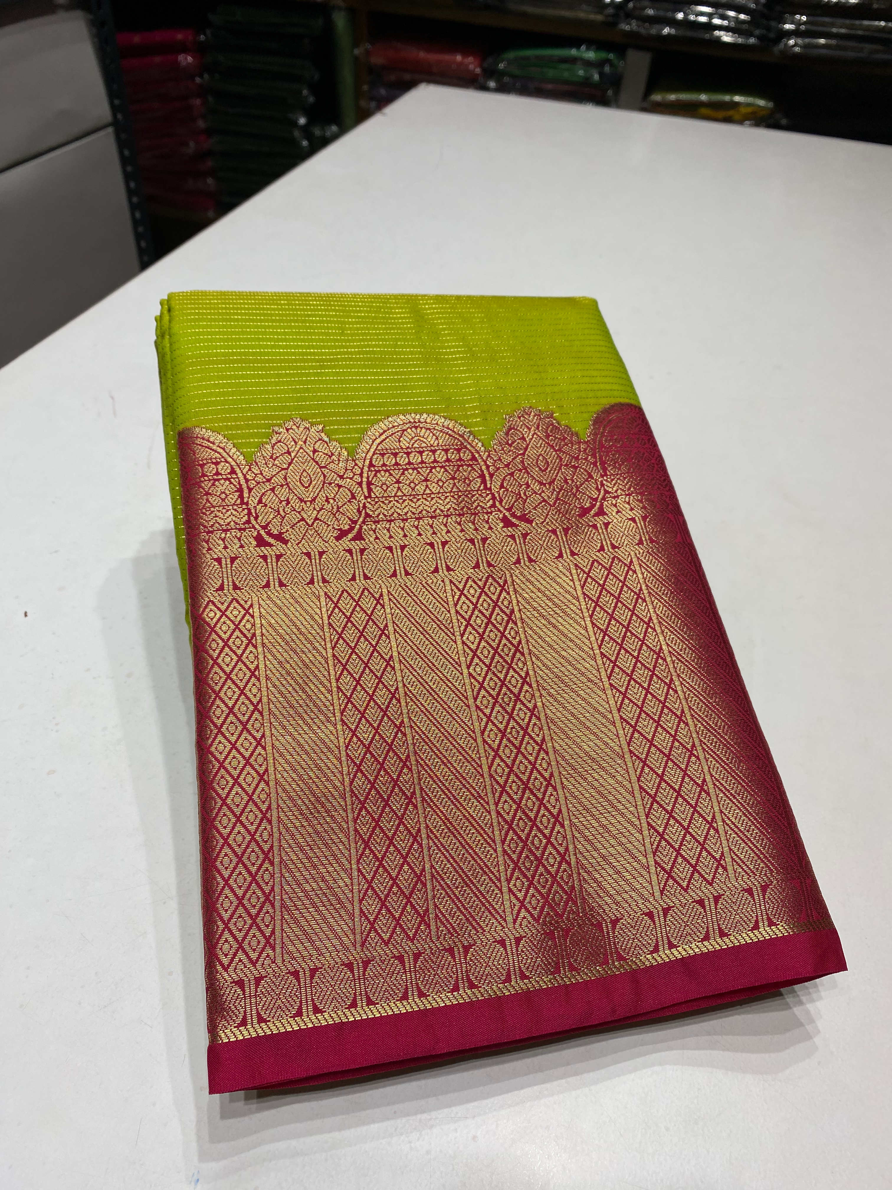 Parrot green with pink turning border