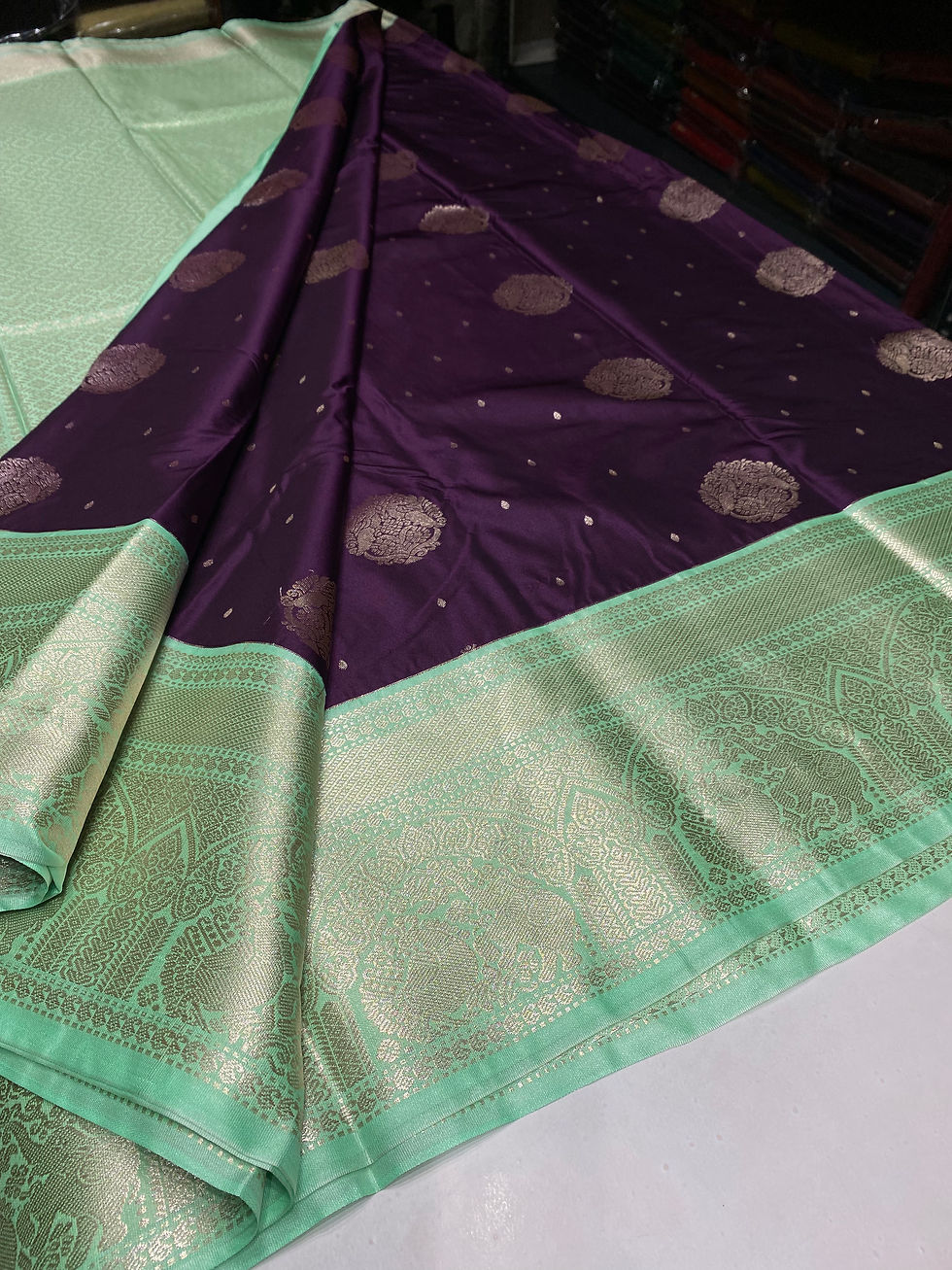 Thumbnail: Deep purple Aqua green silver zari vegan Kanjivaram 