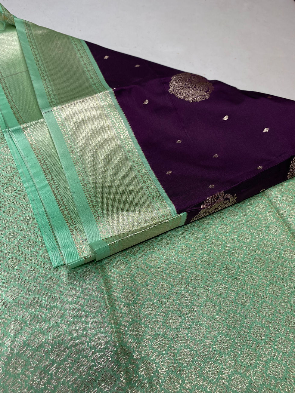 Thumbnail: Deep purple Aqua green silver zari vegan Kanjivaram 