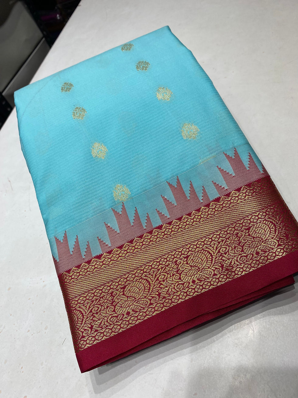 Thumbnail: Soft  blue  Rani pink  Thalampoo  border 