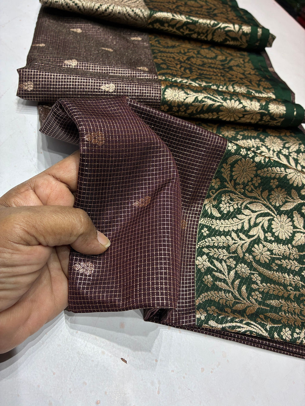 Thumbnail: Dark truffle Green podi kattam soft silk