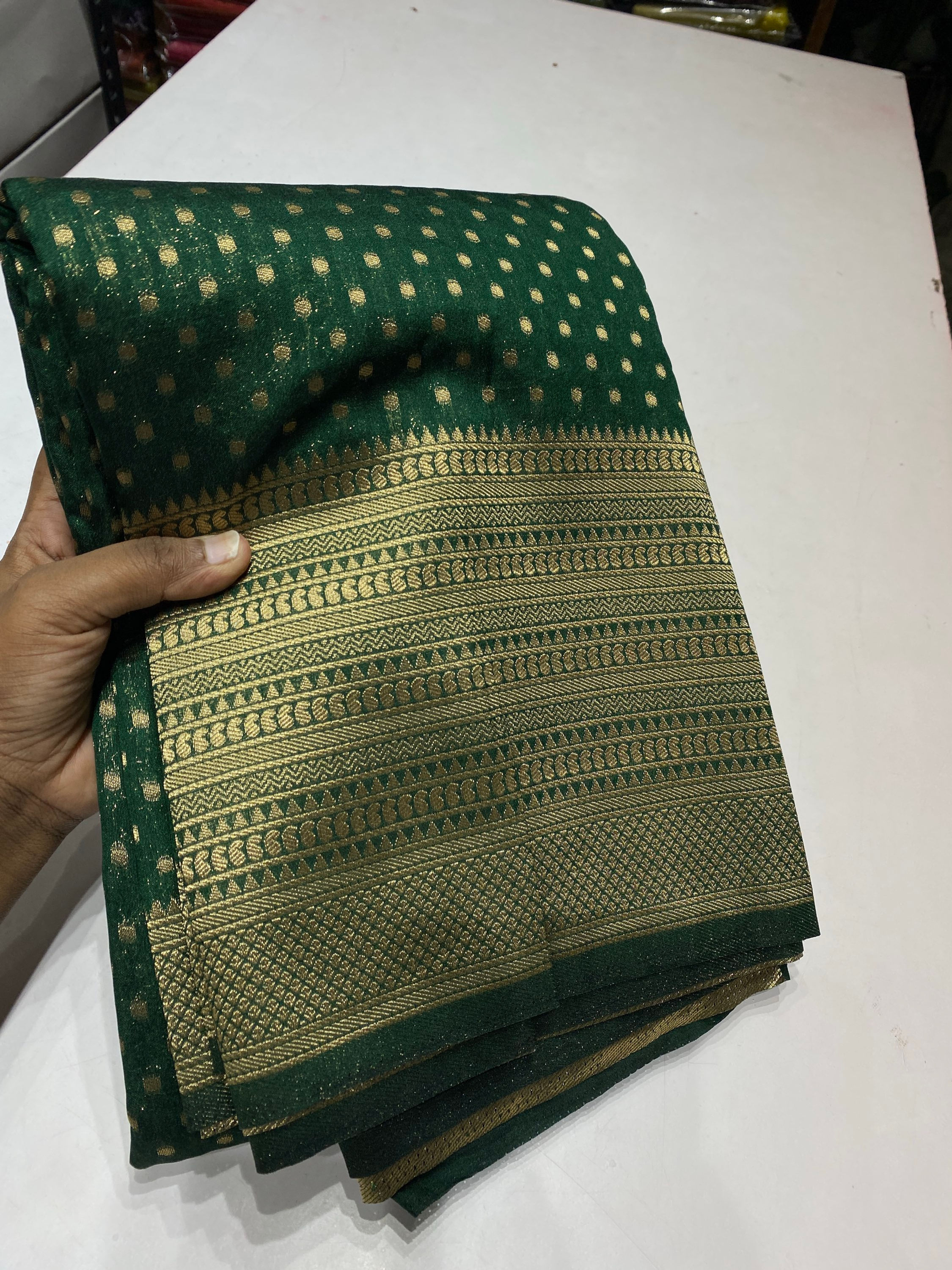 Semi Banarasi polka dots - Dark green 