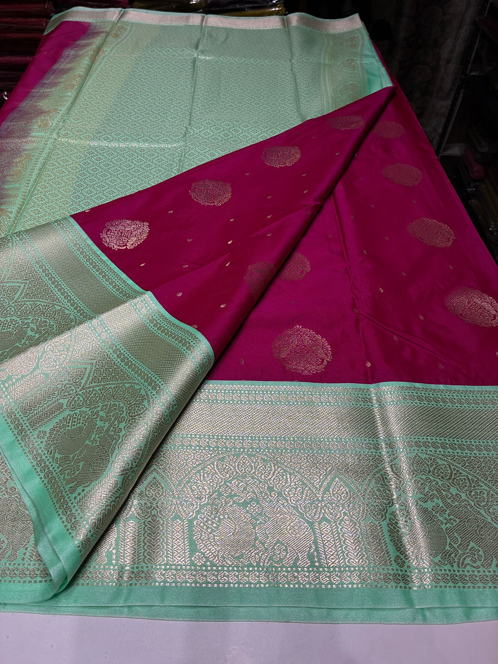 Thumbnail: Barbie pink Seagreen Antique Zari