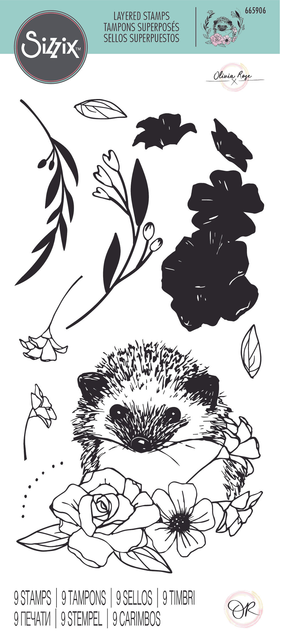 Sizzix™ Layered Clear Stamps Set 9Pk - Floral Hedgehog By Olivia Rose - 665906