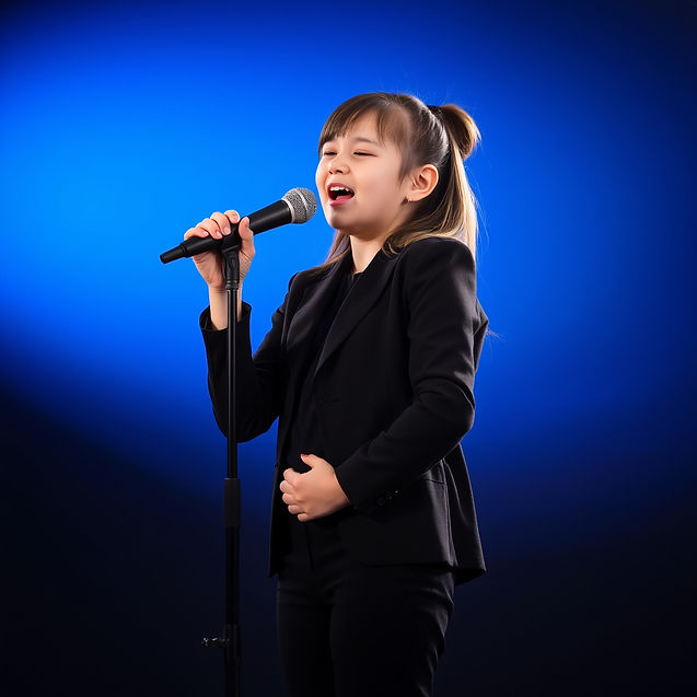 A full-body portrait of a girl singing passionately into a standing microphone. She is dre
