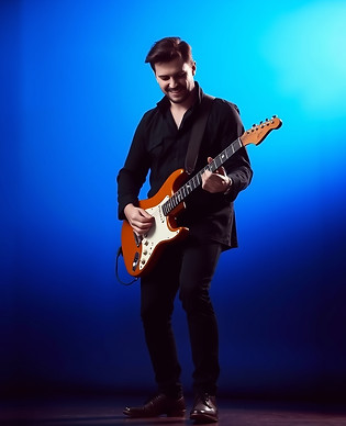 A full-body portrait of a man standing playing guitar passionately. he is dressed in a sty