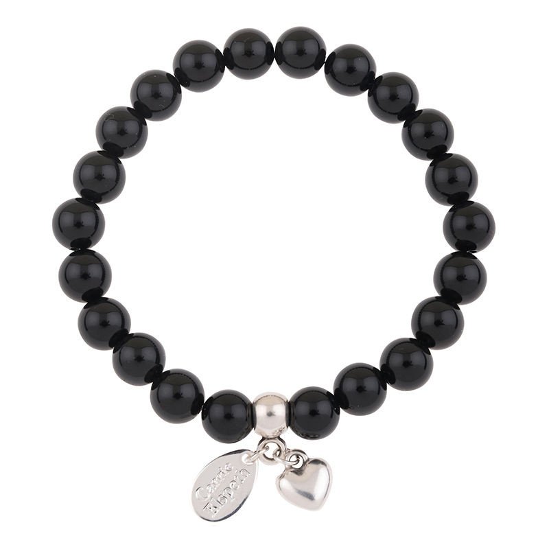Black Onyx beaded gemstone bracelet with heart charm on white background