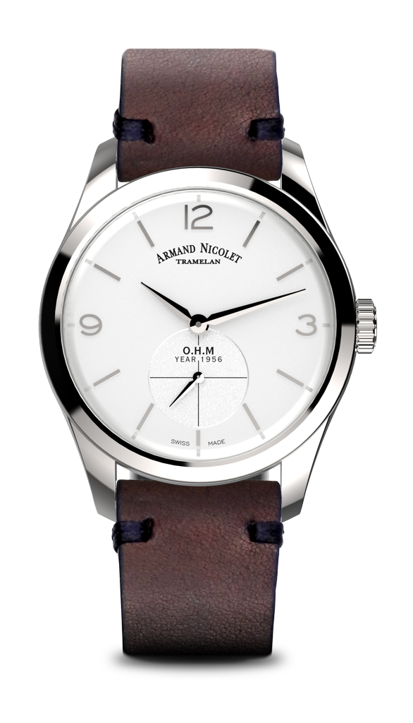 mechanical automatic silvered watch with brown calf strap