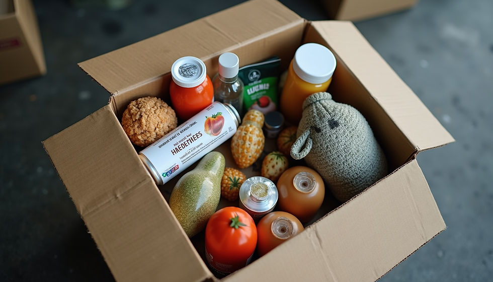 High angle view of a care package with food and personal items prepared for people experiencing homelessness
