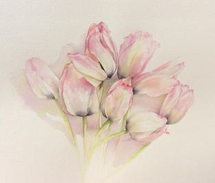 Soft watercolour painting of a bunch of pastel pink tulips by Angela Malone.