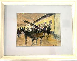 Oil pastel drawing with piano in foreground, with people looking at art in the background. Mainly soft yellow and black. By Steven Alexander.