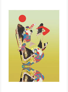 Giclee print with colourful abstract figures on a yellow background. By LoLoNo.