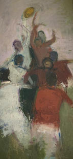 Oil painting of figures lifting high in a pile to grab a ball. By