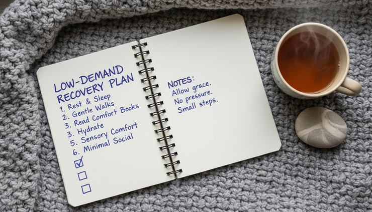 Overhead view of a notebook with a short low-demand plan beside a cup of tea
