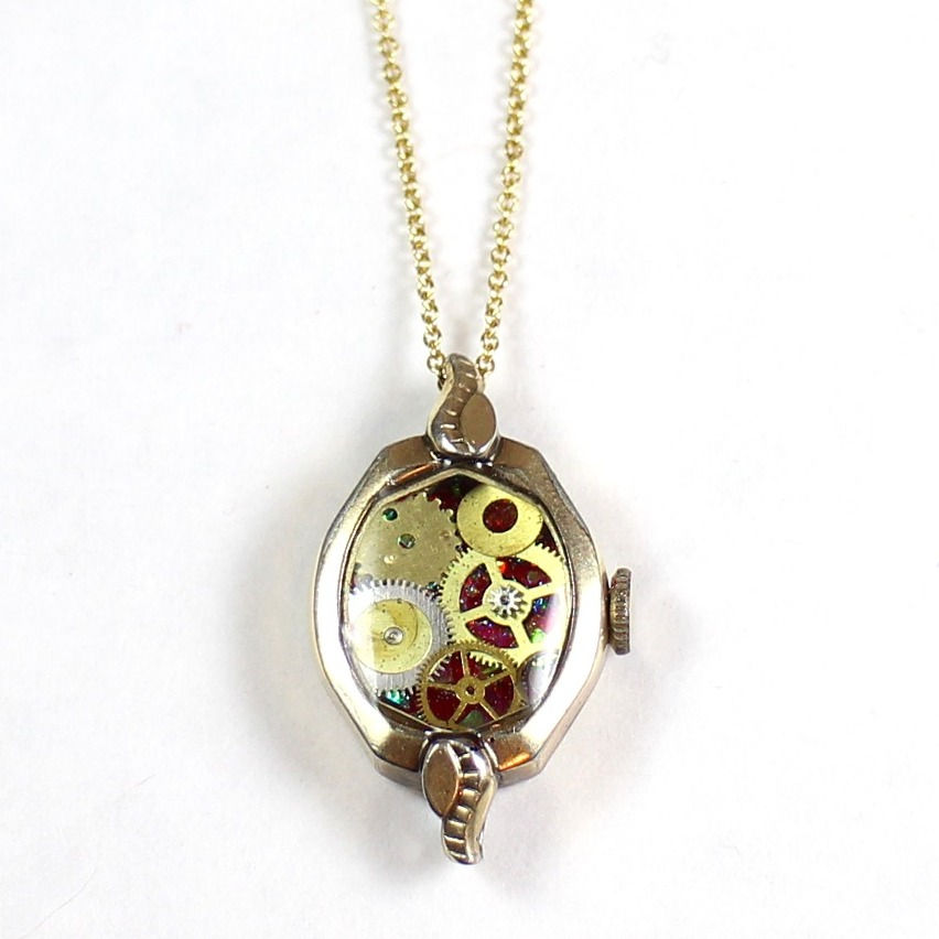 Thumbnail: Steampunk Vintage Wrist Watch Case Necklace - Gold Tone