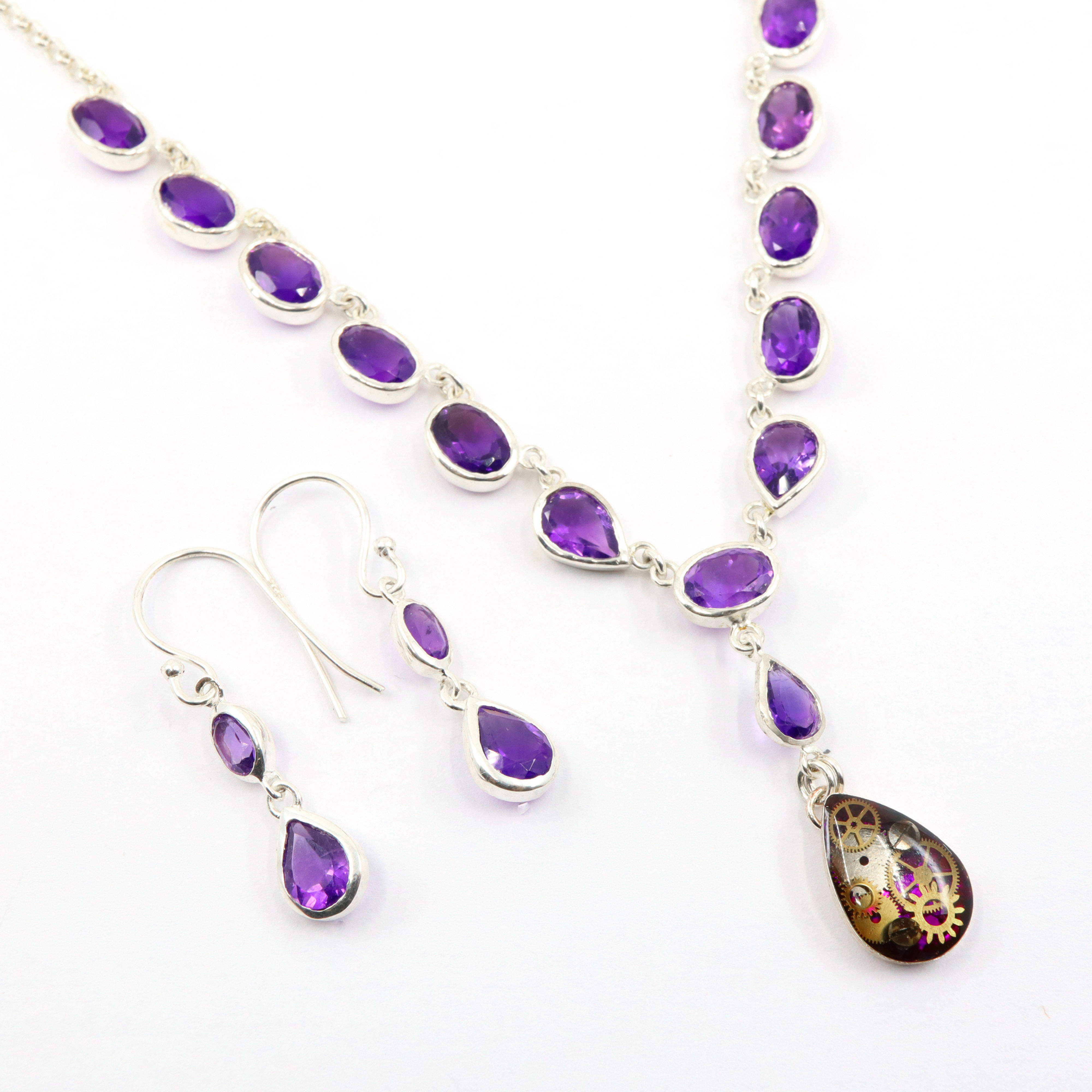 Steampunk Amethyst Gemstone Necklace Set