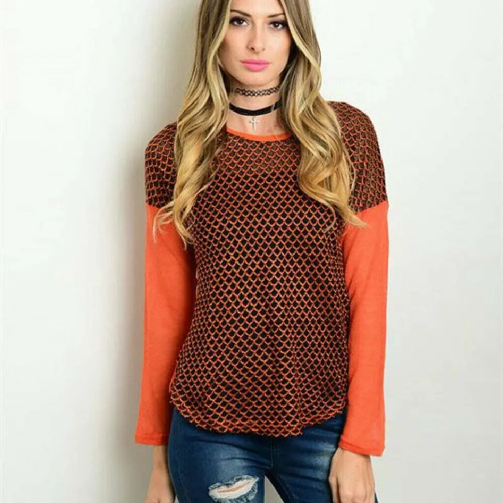 Orange and Black Mesh long sleeves women's top