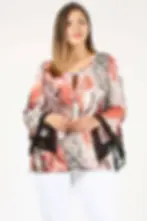bell sleeve keyhole multi color print coral blouse www.jkembers.com