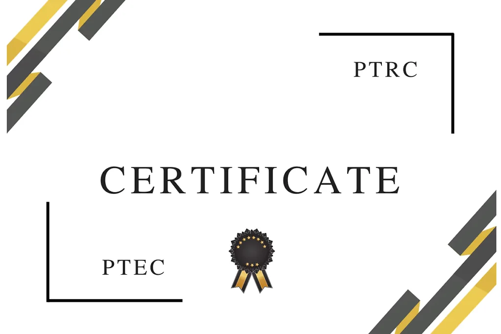 Certificate design with "CERTIFICATE" text in center, "PTRC" and "PTEC" in corners, gold and black ribbon emblem, white background.