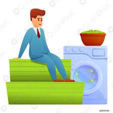 A businessman sitting on stacks of money next to a washing machine filled with cash, humorously illustrating the concept of money laundering.