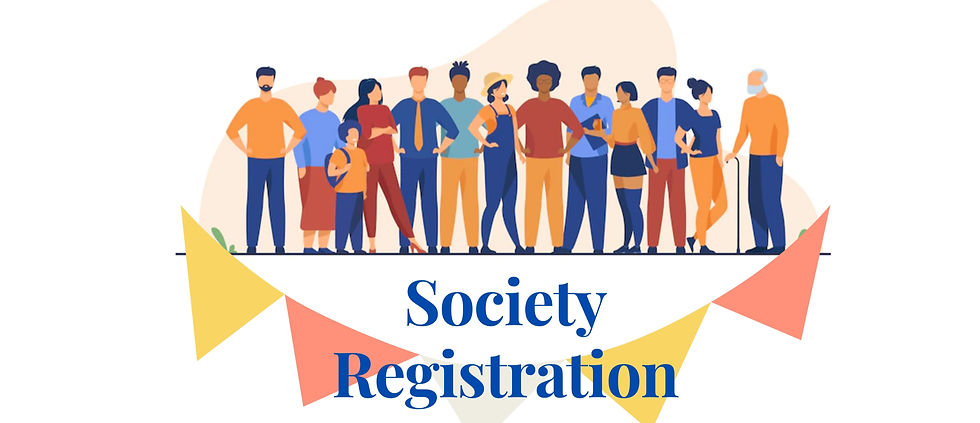 Diverse group standing together, colorful attire, with "Society Registration" text and festive bunting. Positive and inclusive mood.