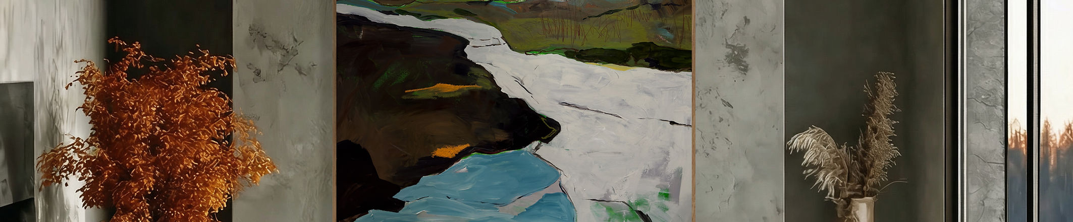 Abstract mountain river landscape painting in a modern grey living room