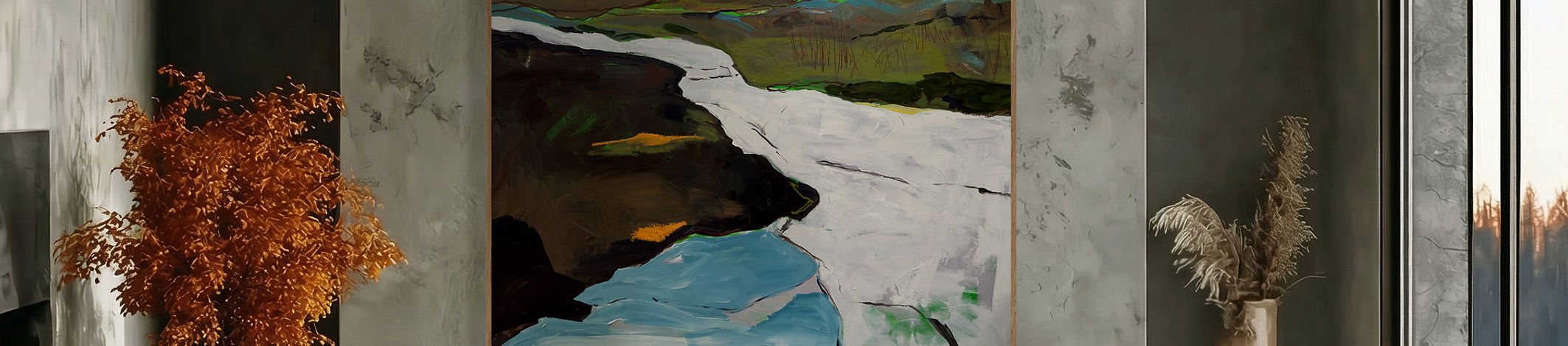 Abstract mountain river landscape painting in a modern grey living room