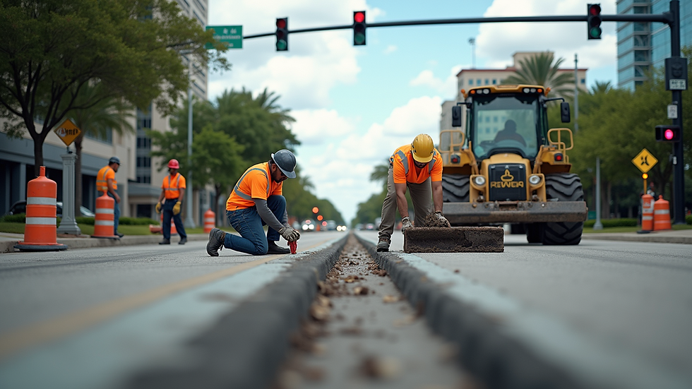 Eye-level view of a busy Tampa street with construction workers improving the road