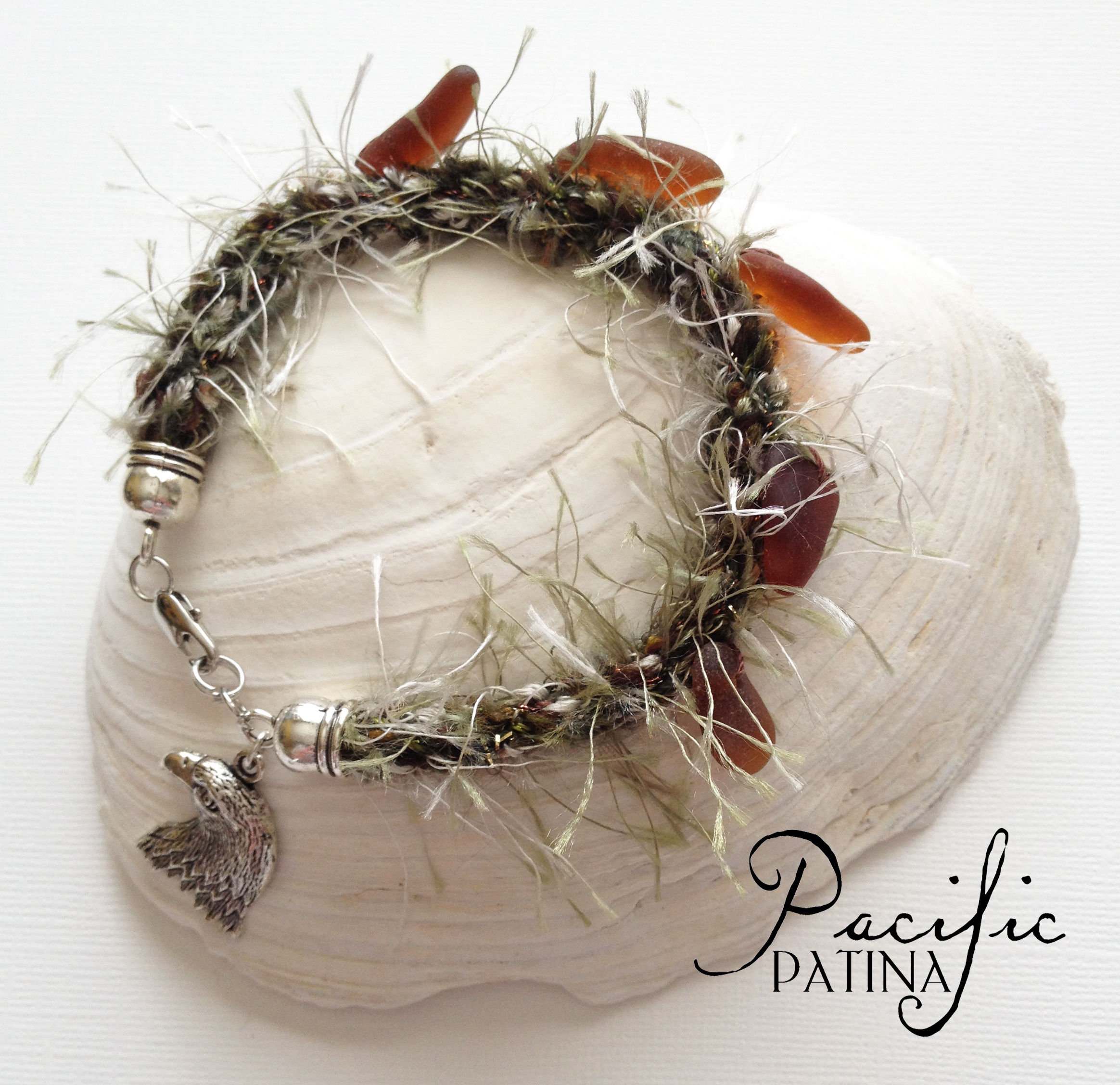 Snowy Pine Tree Bracelet with Sea Glass Pine Cones