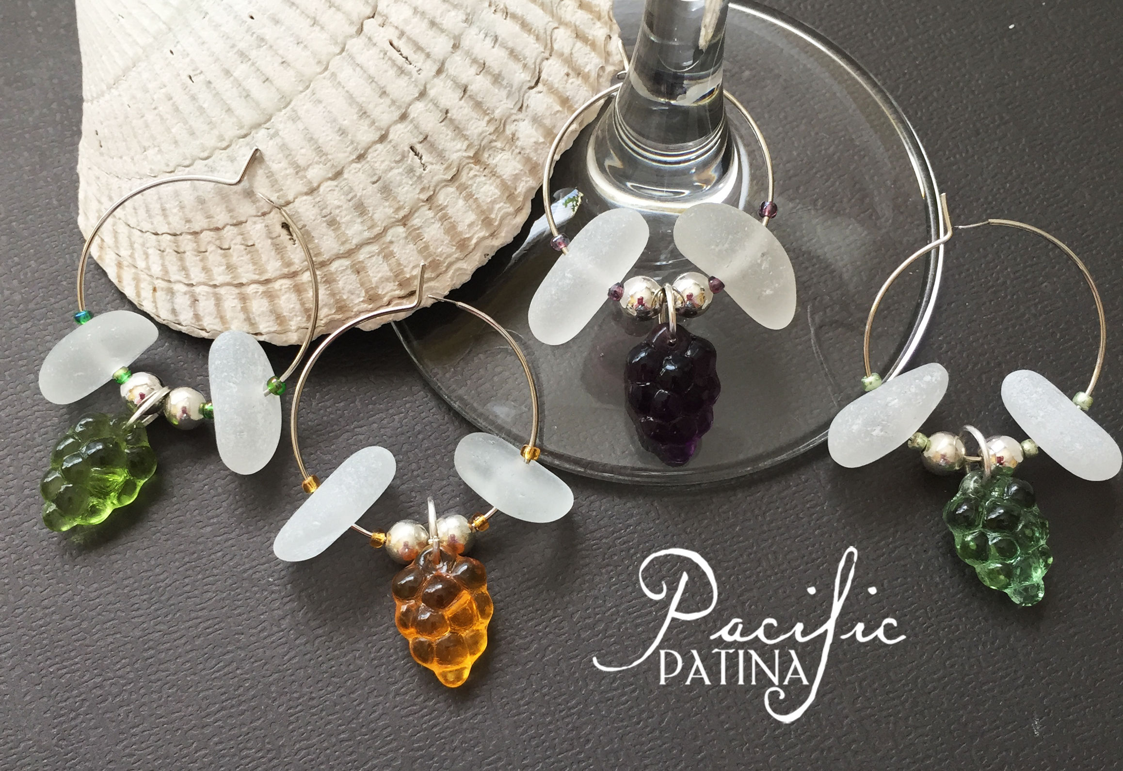 Sea Glass Wine Charms - White & Czech Grapes