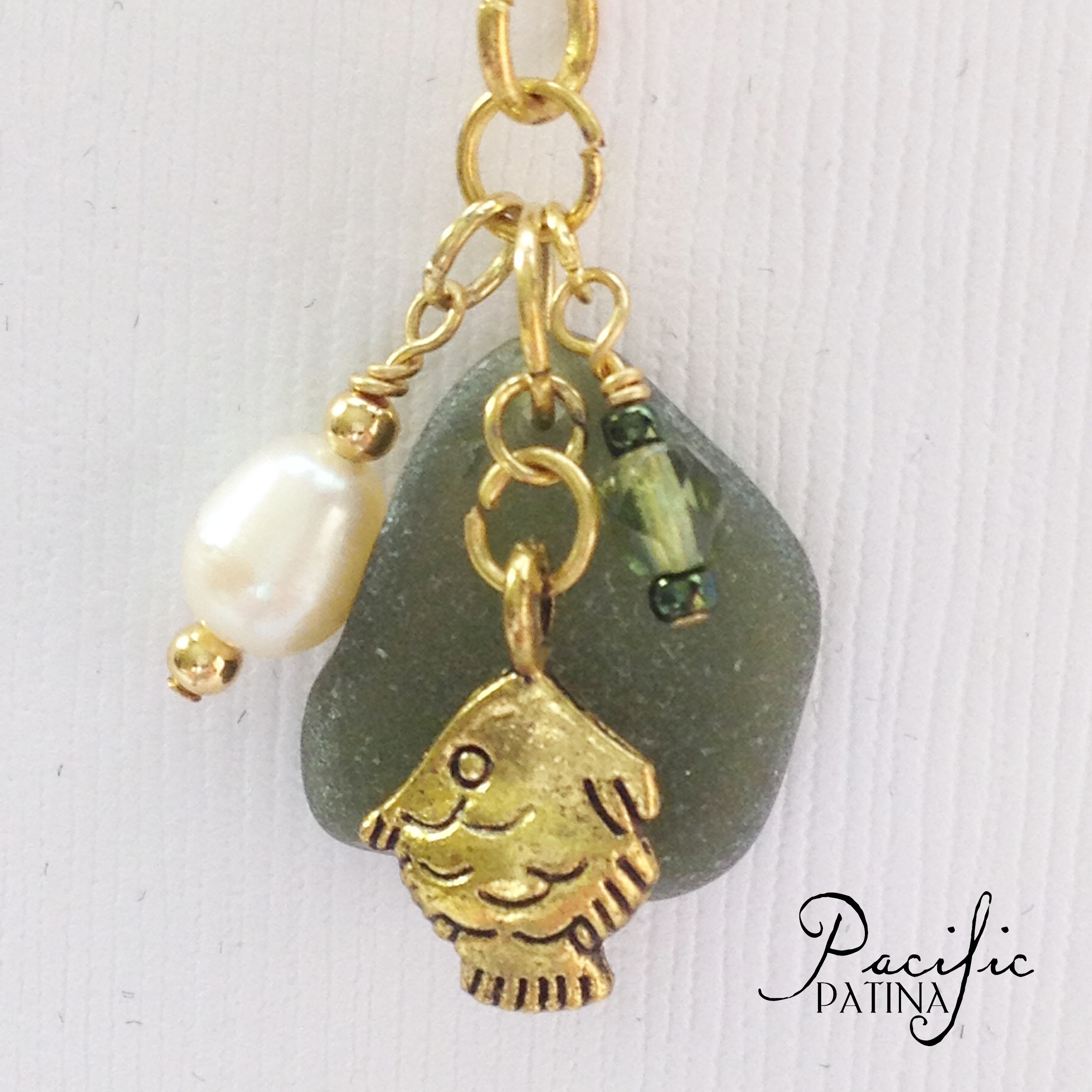 Forest Green Sea Glass Cluster Pendant - Fish