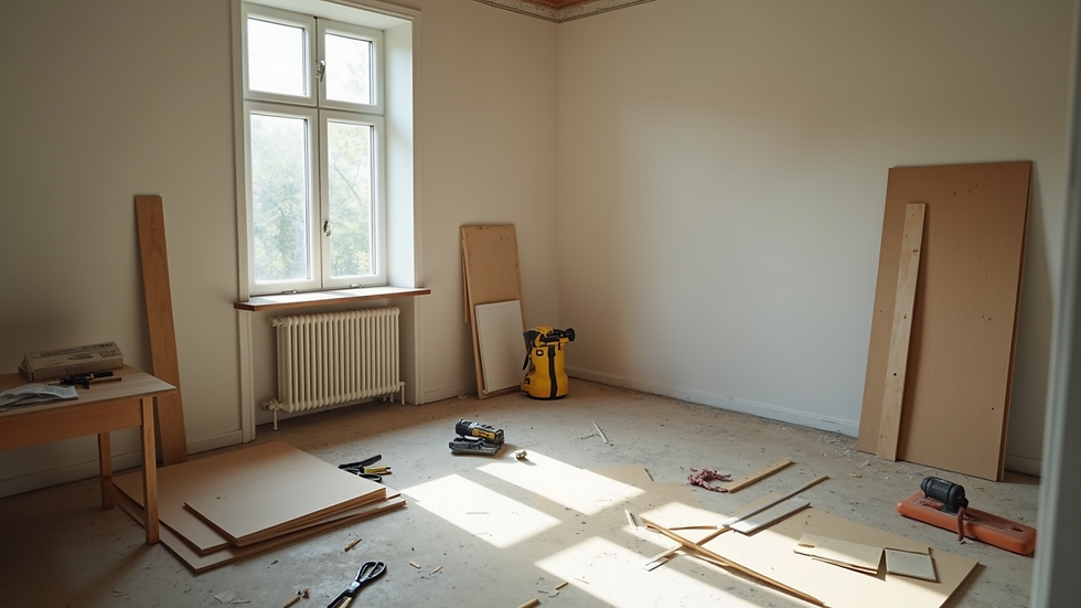 High angle view of a partially renovated room with tools and materials laid out