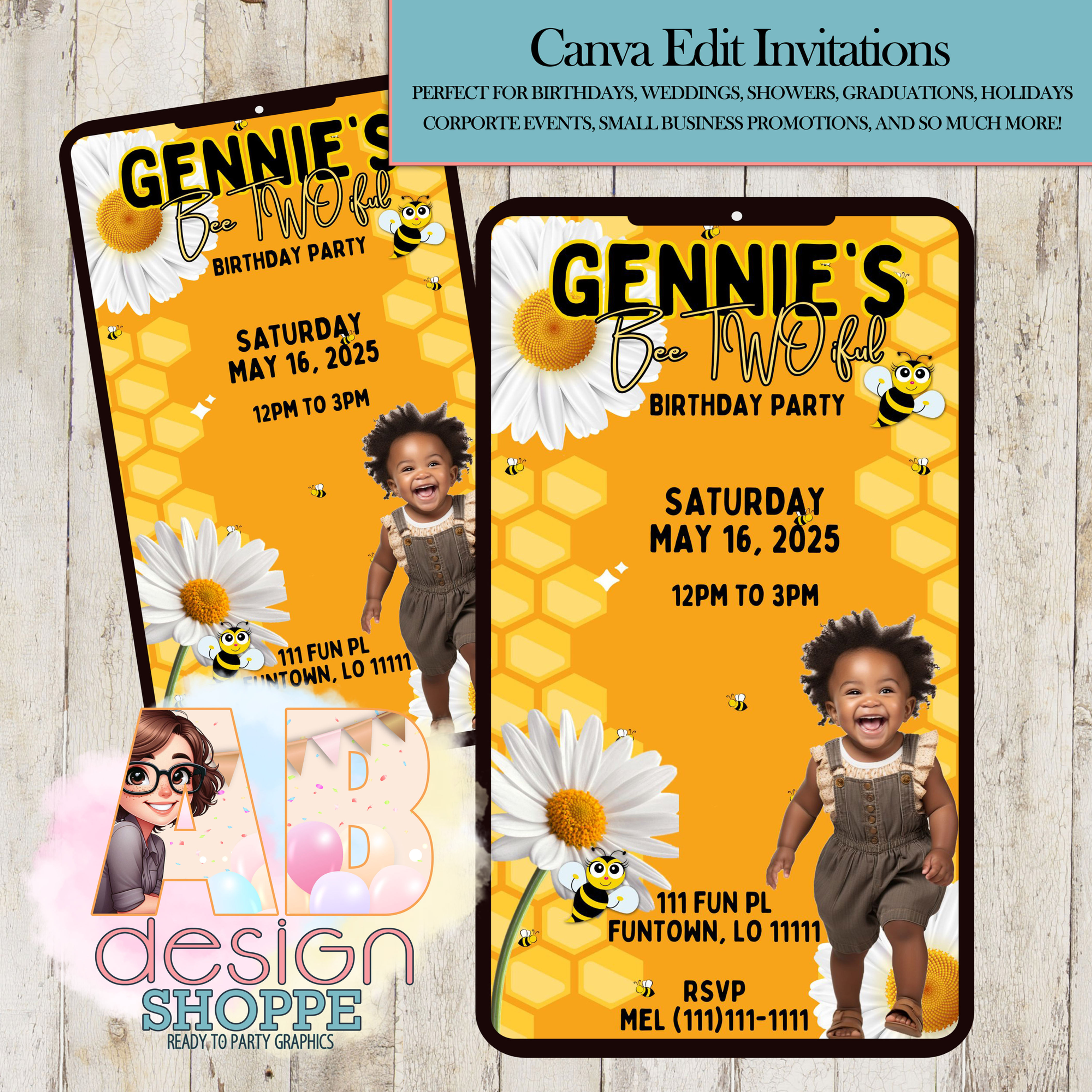 Honey Bees and Daisies Invitation | Canva Edit