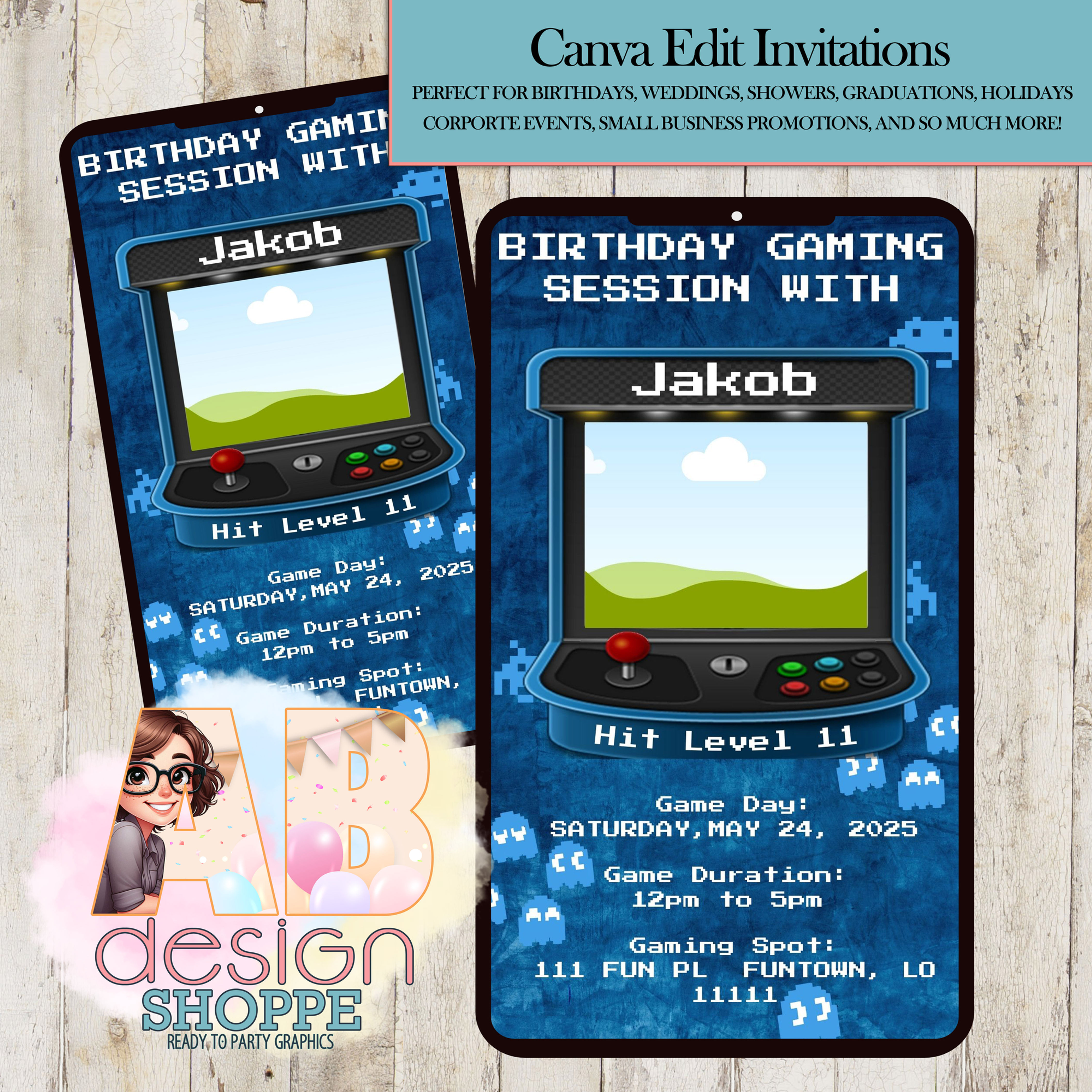 Blue Retro Gamer Invitation | Canva Edit
