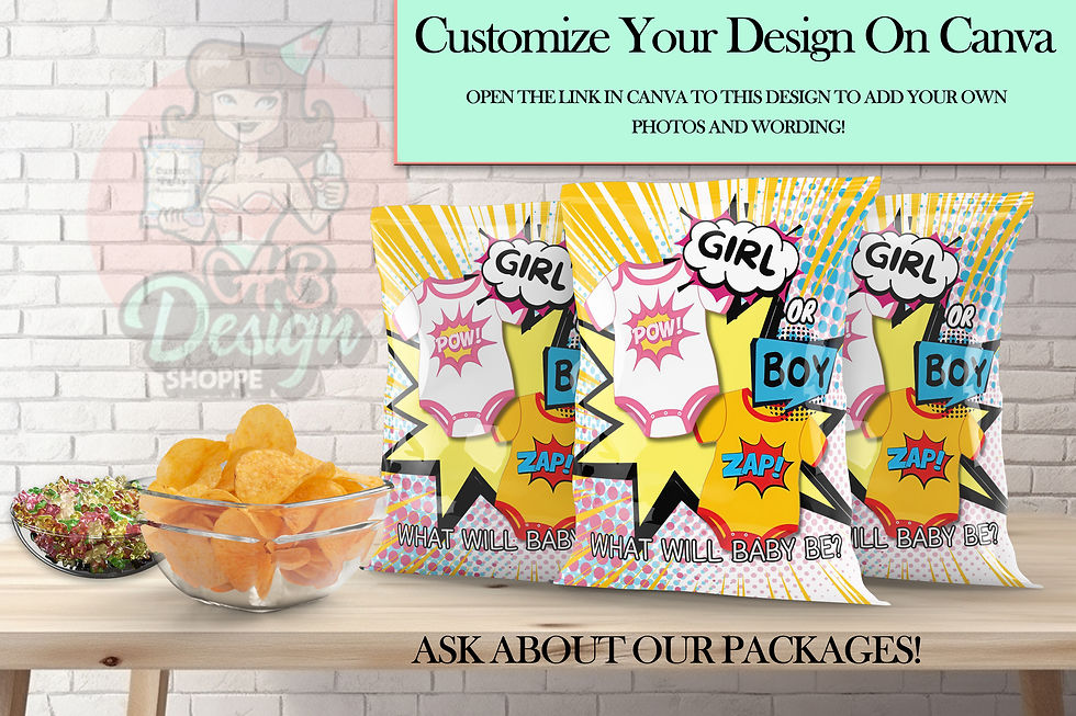 Comic Book Gender Reveal Chip Bag | Canva Edit