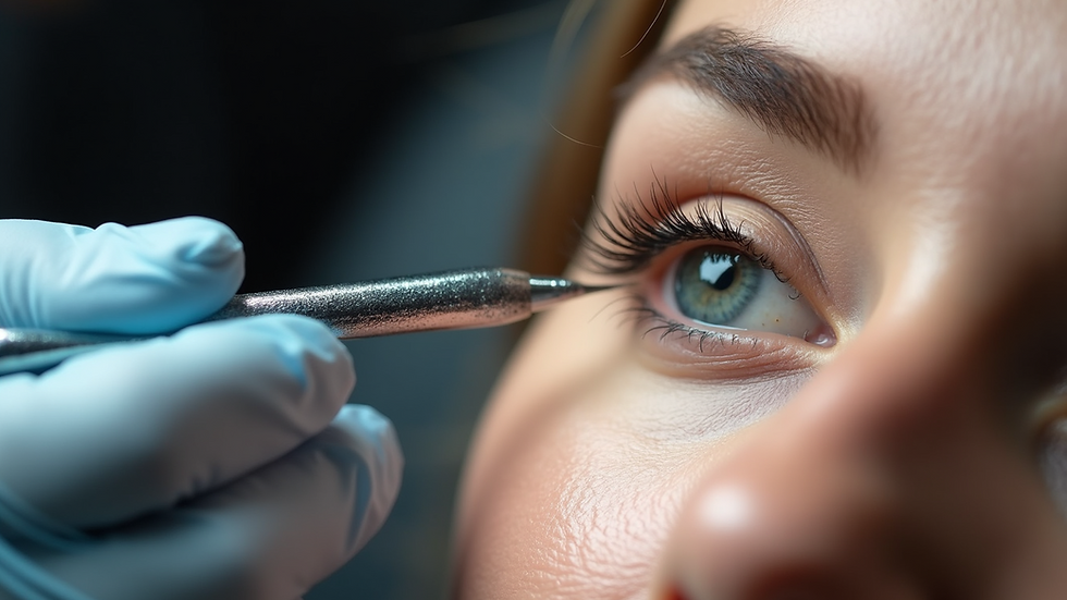 Close-up view of eyebrow micro pigmentation procedure showing fine needle and pigment application