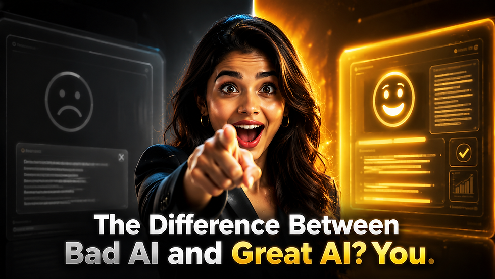 A woman points toward the viewer between two AI interface screens, with a dark unsuccessful response on the left and a bright successful response on the right, illustrating how the way you communicate with AI can affect the result.