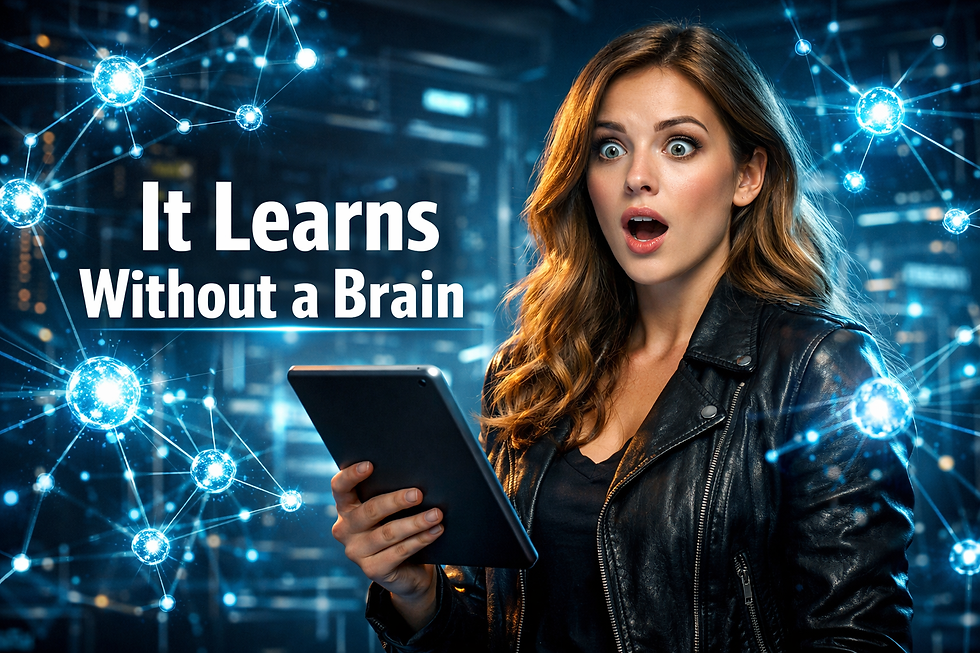 A surprised woman holding a tablet looks at glowing neural network connections beneath the headline "It Learns Without a Brain," illustrating how artificial neural networks learn through mathematical pattern recognition rather than human-like understanding.