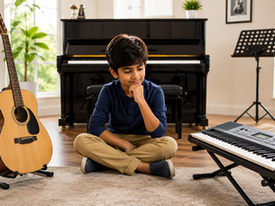 Indian child choosing between guitar, piano, and keyboard in a Bangalore music school.