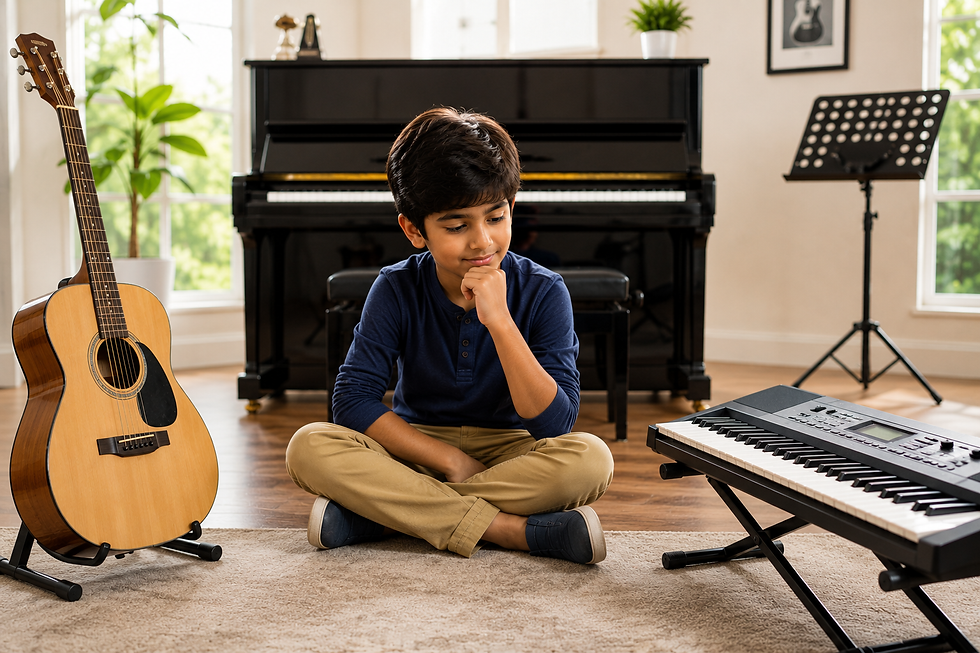 Indian child choosing between guitar, piano, and keyboard in a Bangalore music school.